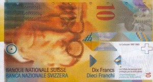 Купюра в 10 швейцарских франков. Лицевая сторона