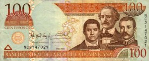 Купюра в 100 доминиканских песо. Лицевая сторона
