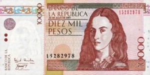 Купюра в 10000 колумбийских песо. Лицевая сторона