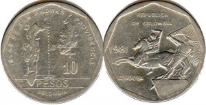 монета колумбии 10песо