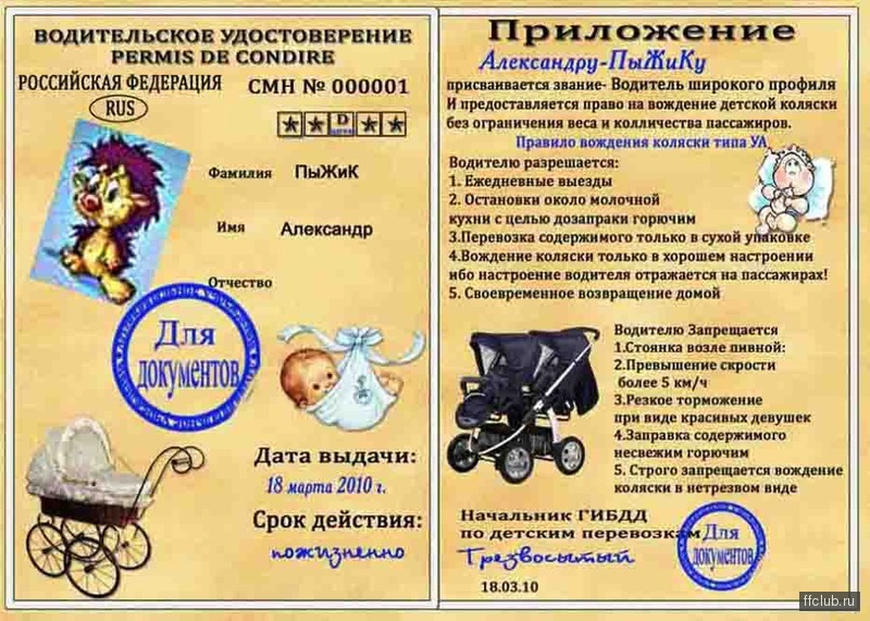 Удостоверение по вождению детской коляски