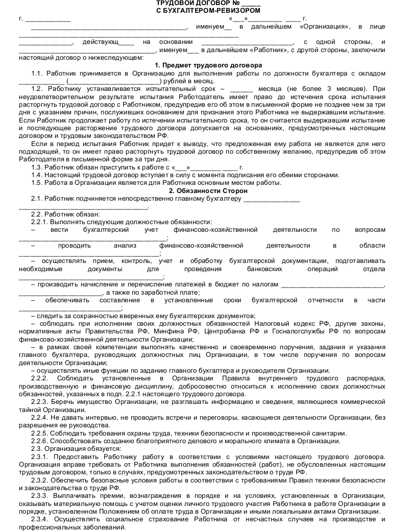 Образец трудового договора с бухгалтером-ревизором — скачать пример