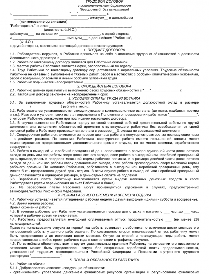 Образец трудового договора с исполнительным директором - скачать пример