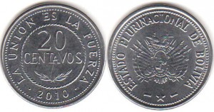 монета боливии 20 сентаво
