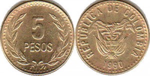 монета колумбии 5 песо