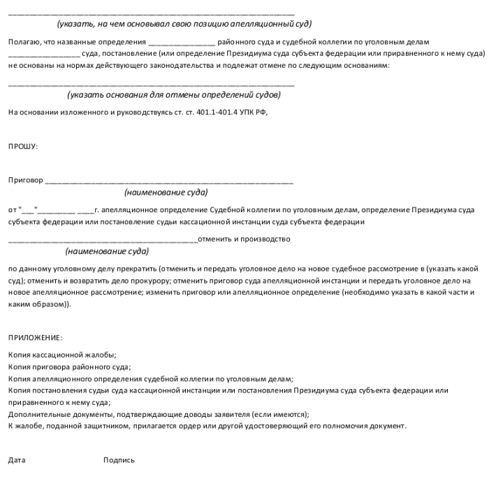 Кассационная жалоба на апелляционное определение по уголовному делу образец