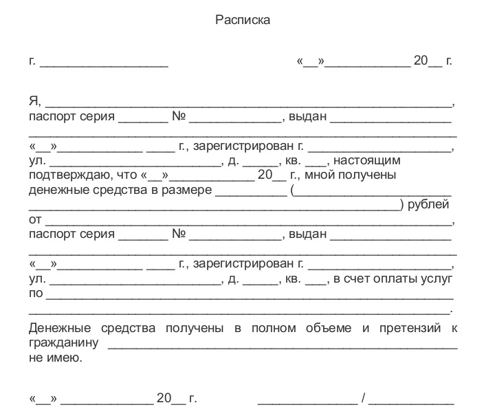 Расписка о получении денежных средств о отсутствии претензий образец