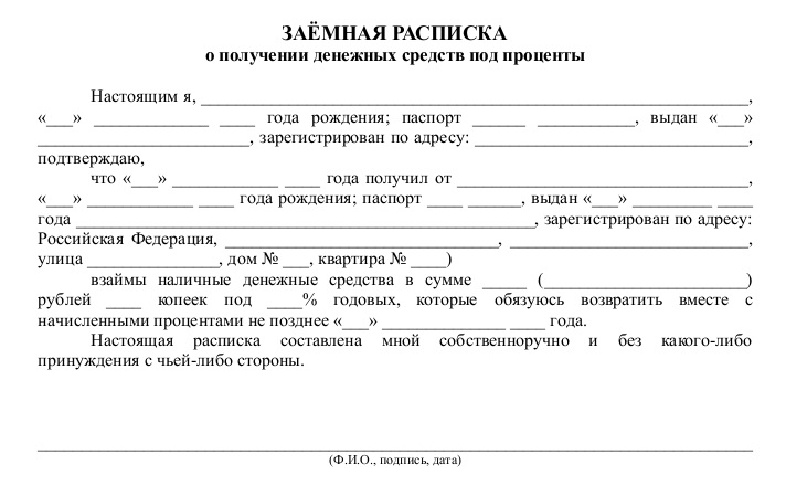 Расписка о получении денежных средств в долг под проценты с ежемесячной выплатой образец