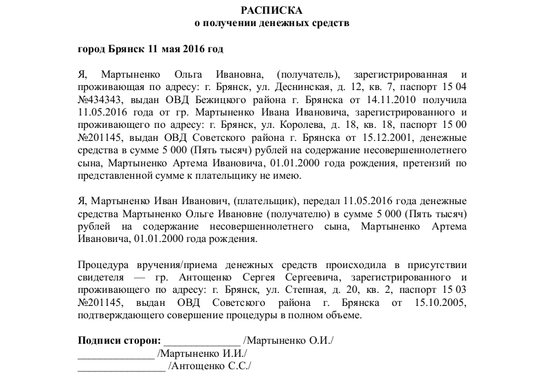 Составление расписки в получении денежных средств образец