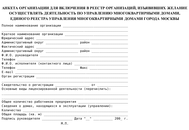 Анкета организации образец