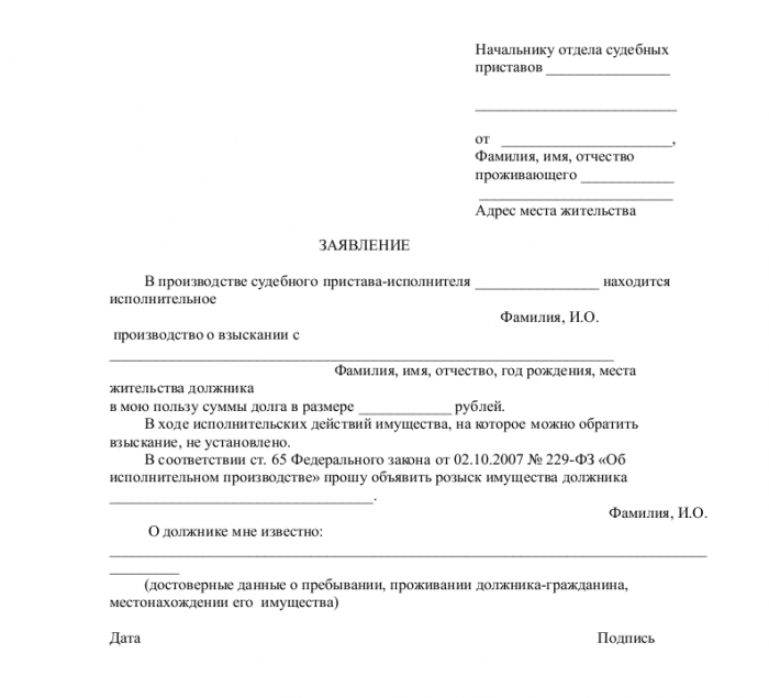 Заявление о розыске имущества должника - скачать образец, бланк. Пример ...
